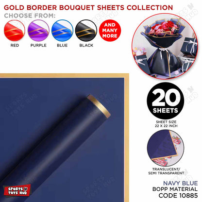 Gold Border Frosted Jelly Flower Wrapping Sheets – Translucent Matte Floral Wrapping Paper, Elegant Bouquet & Gift Wrapping Sheets, Pack of 20