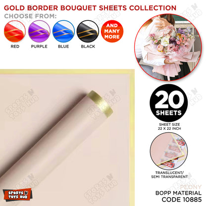 Gold Border Frosted Jelly Flower Wrapping Sheets – Translucent Matte Floral Wrapping Paper, Elegant Bouquet & Gift Wrapping Sheets, Pack of 20