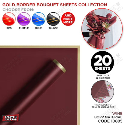 Gold Border Frosted Jelly Flower Wrapping Sheets – Translucent Matte Floral Wrapping Paper, Elegant Bouquet & Gift Wrapping Sheets, Pack of 20