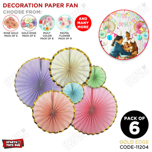 Multl Color Gold Edge Paper Fan Decoration - Pack Of 6