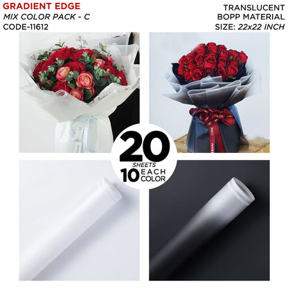 Gradient Edge Solid to Clear with Dual Pin Lines - Mix Color 20 Sheet Pack - Translucent Bouquet Wrapping Sheets