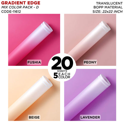 Gradient Edge Solid to Clear with Dual Pin Lines - Mix Color 20 Sheet Pack - Translucent Bouquet Wrapping Sheets