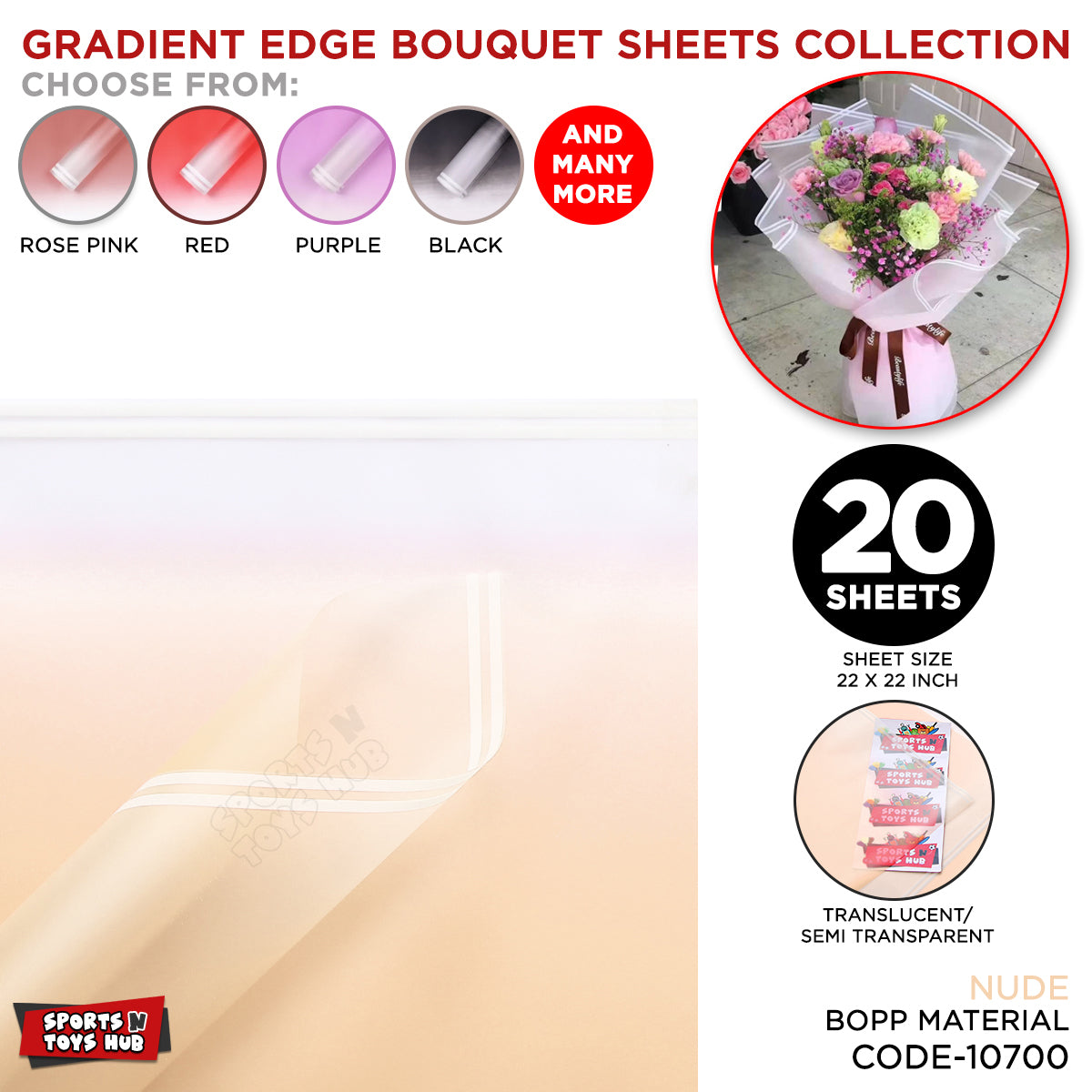 Gradient Edge Solid to Clear with Dual Pin Lines Translucent Bouquet Wrapping Sheets