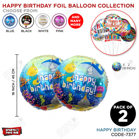 Printed Happy Birthday Sea Water Animal Cartoon Round Foil Balloon - Pack Of 2