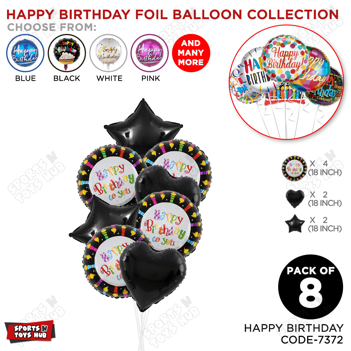 Happy Birthday To You Candles Black Round Foil Balloon - Pack Of 8
