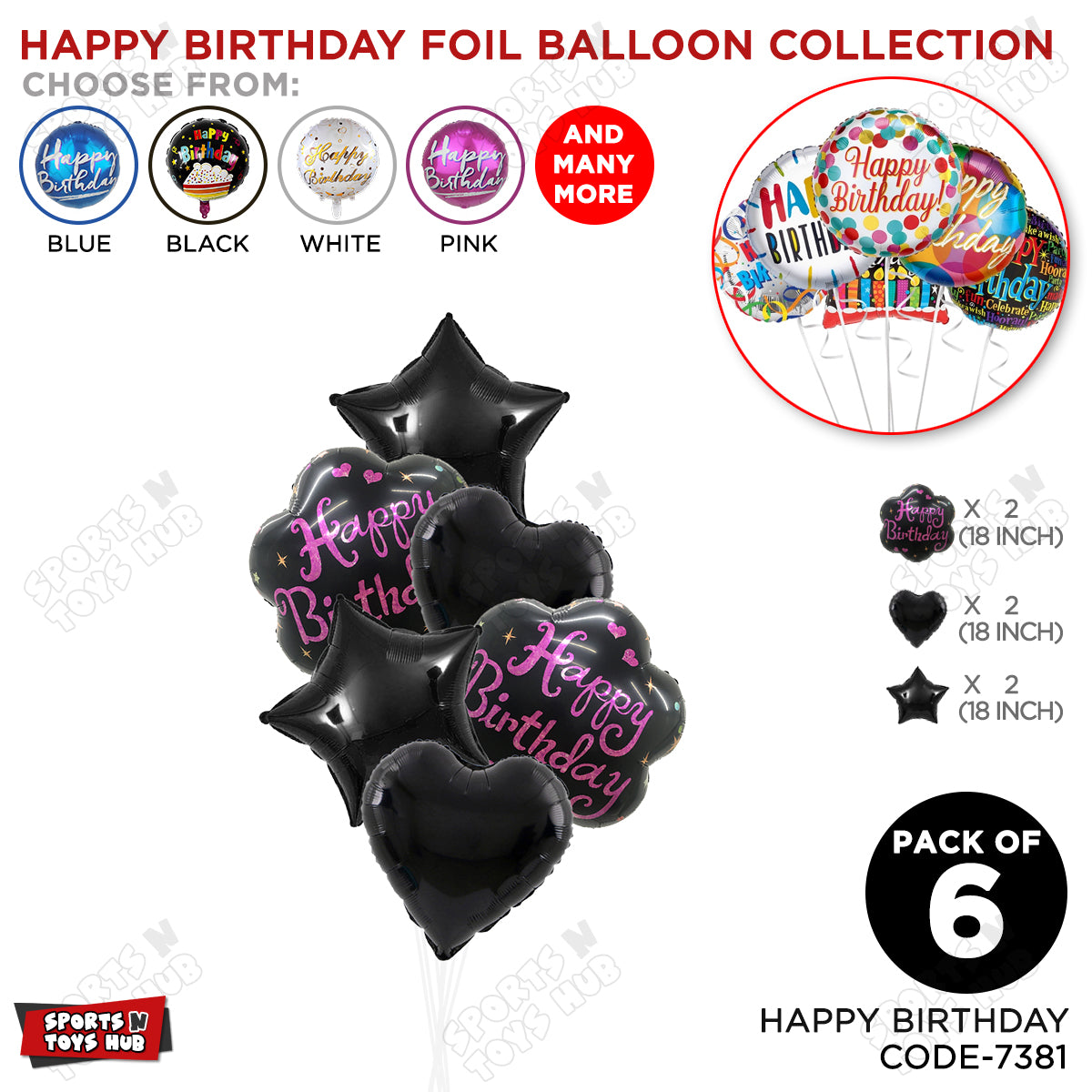 Happy Birthday Printed Black Cloud Shape Foil Balloon - Pack Of 6
