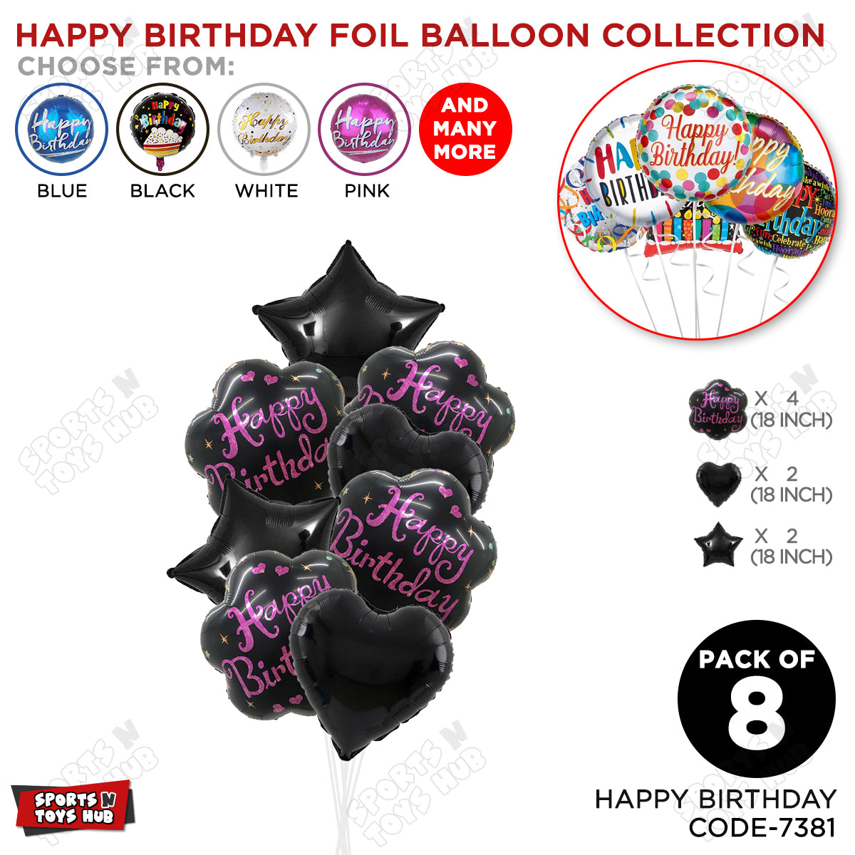 Happy Birthday Printed Black Cloud Shape Foil Balloon - Pack Of 8