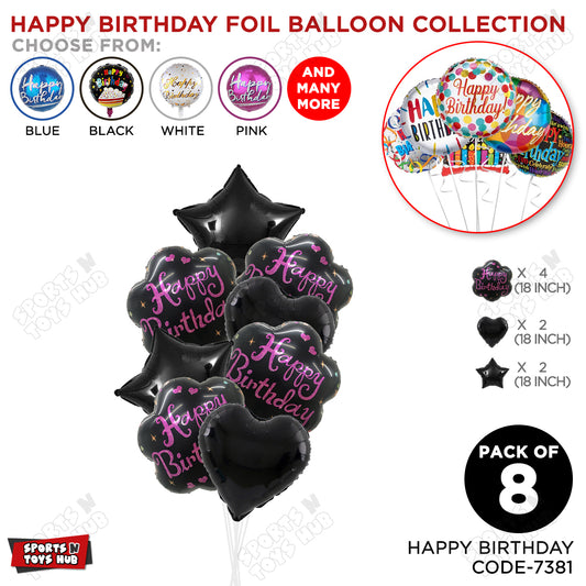 Happy Birthday Printed Black Cloud Shape Foil Balloon - Pack Of 8