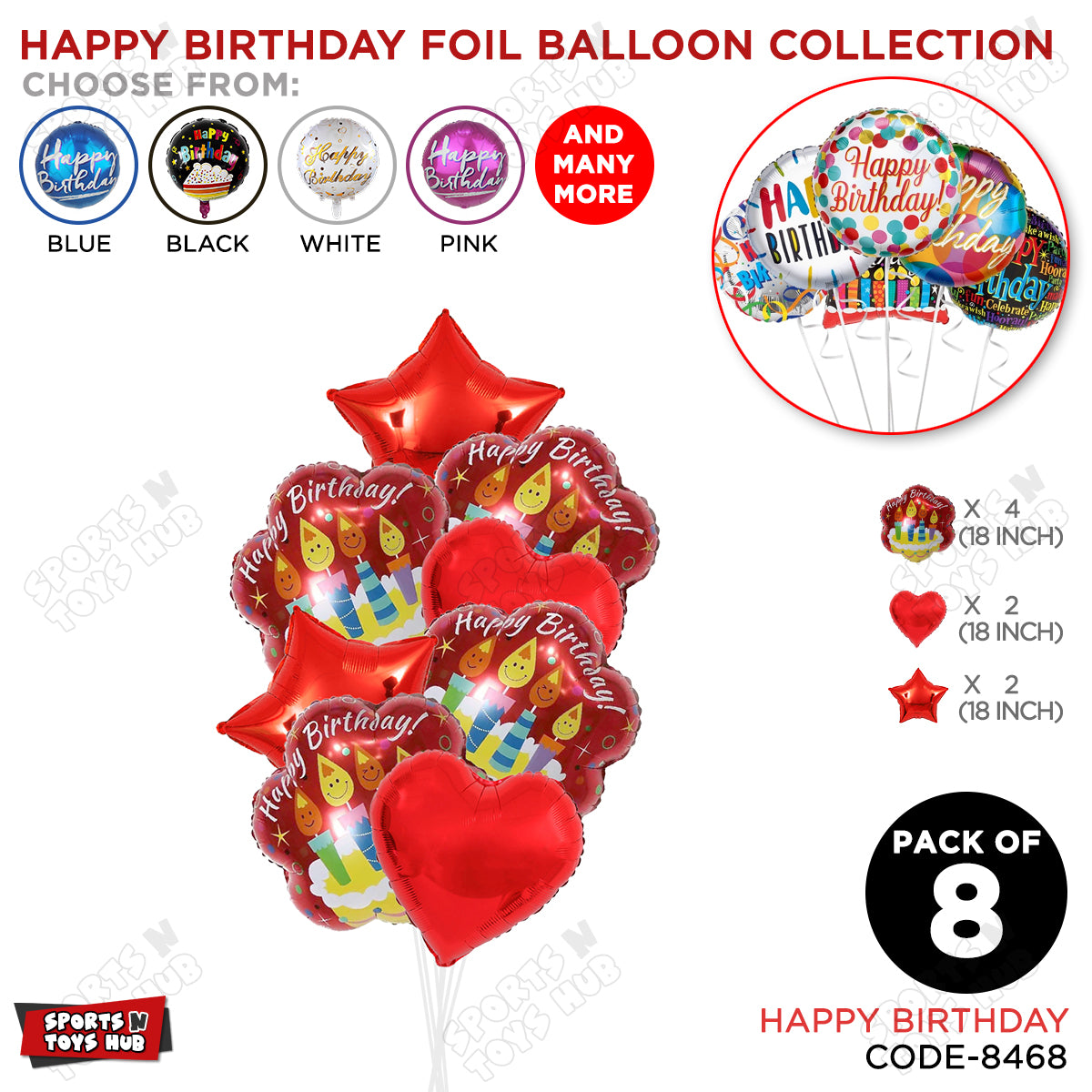 Printed Happy Birthday Candle Cake Round Foil Balloon - Pack Of 8