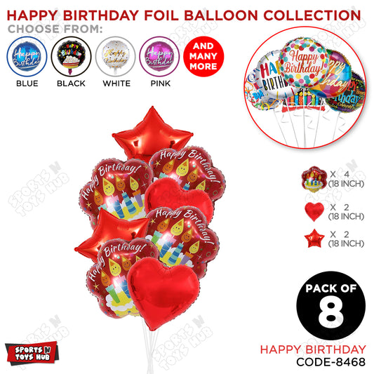 Printed Happy Birthday Candle Cake Round Foil Balloon - Pack Of 8