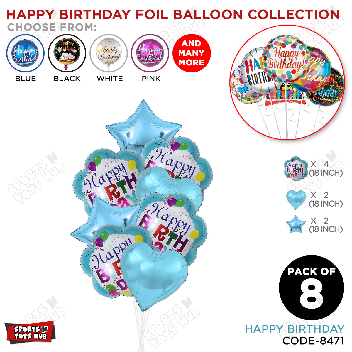 Happy Birthday Printed Flower Shape Foil Balloon - Pack Of 8