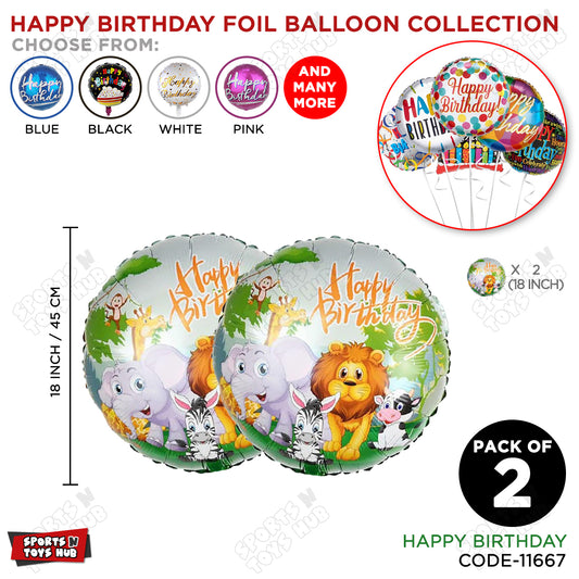 Printed Happy Birthday Jungle Animal Round Foil Balloon - Pack Of 2