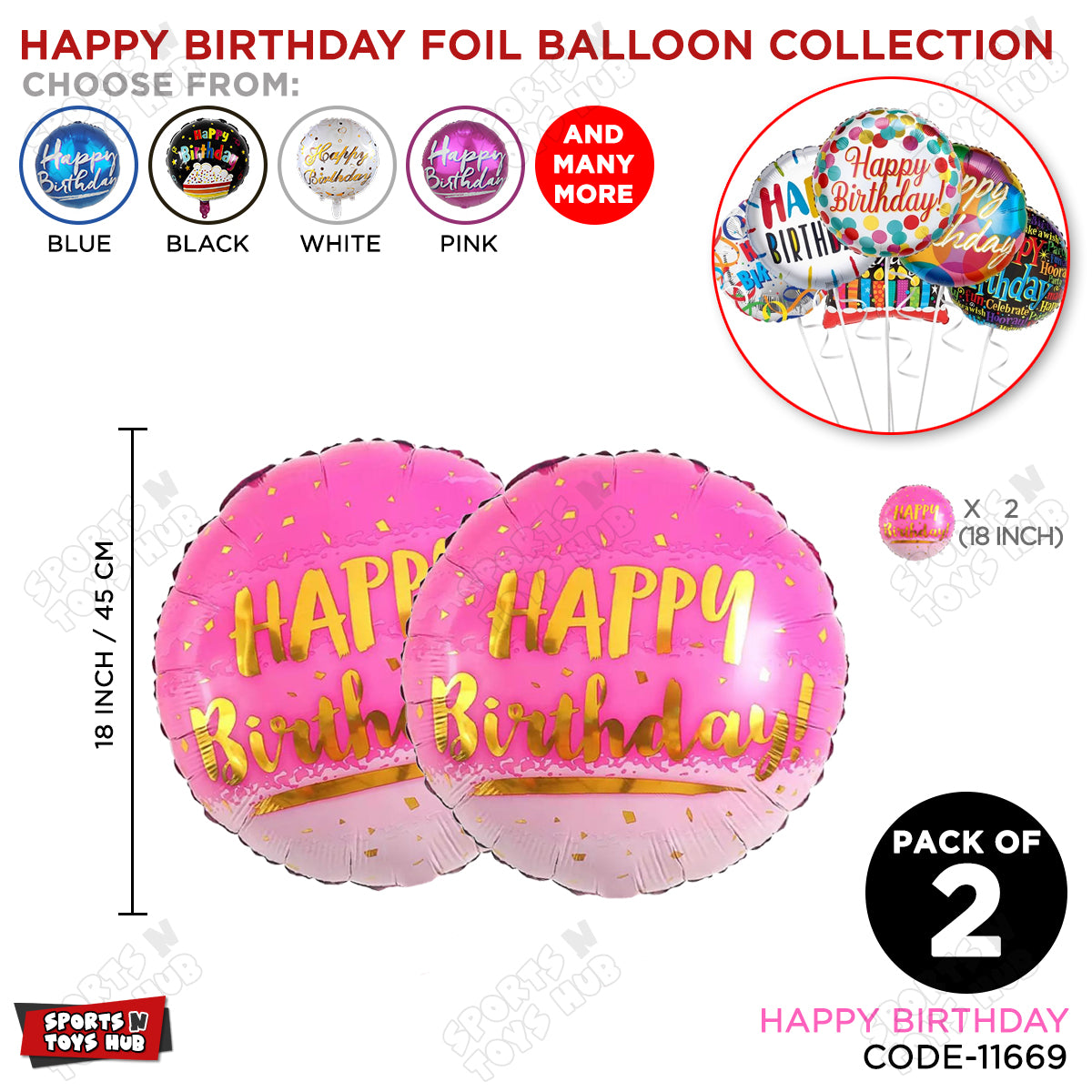 Printed Happy Birthday Pink Color Round Foil Balloon - Pack Of 2