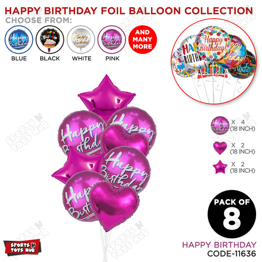 Printed Happy Birthday Round Foil Balloons - Pack Of 8