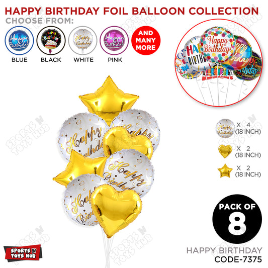 Printed Happy Birthday Gold Color Text Round Foil Balloons - Pack Of 8