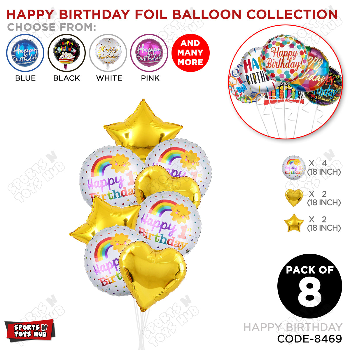 Printed First Happy Birthday Round Foil Balloon - Pack Of 8