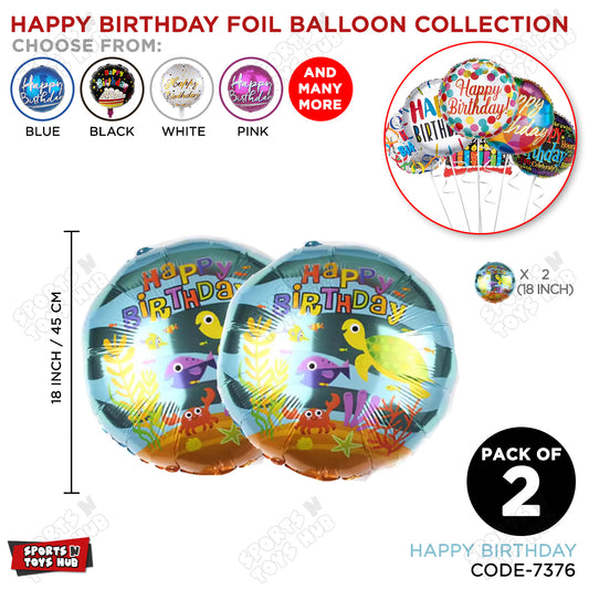 Printed Happy Birthday Underwater Animal Cartoon Round Foil Balloon - Pack Of 2