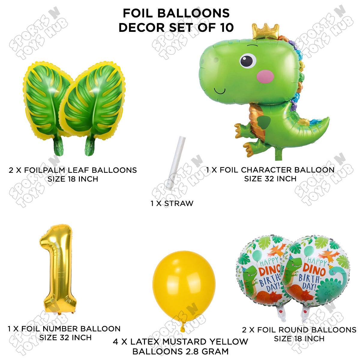 Happy Dino Foil Balloon Pack Of 10 Set With 32 Inch Foil Number Balloons