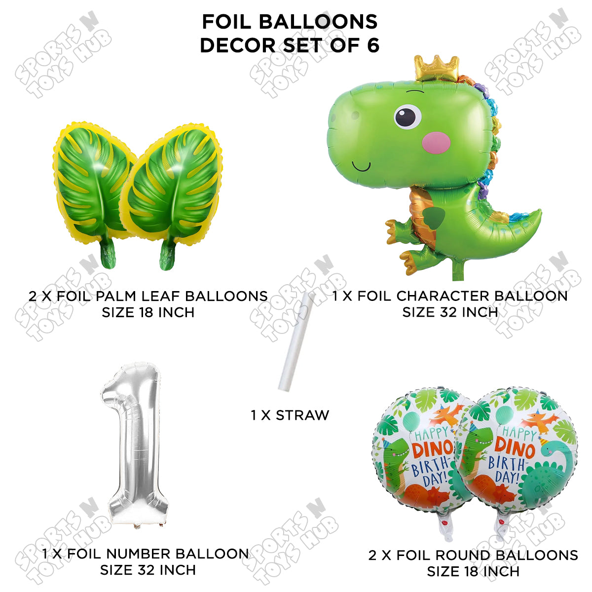 Happy Dino Foil Balloon Pack Of 6 Set With 32 Inch Foil Number Balloons