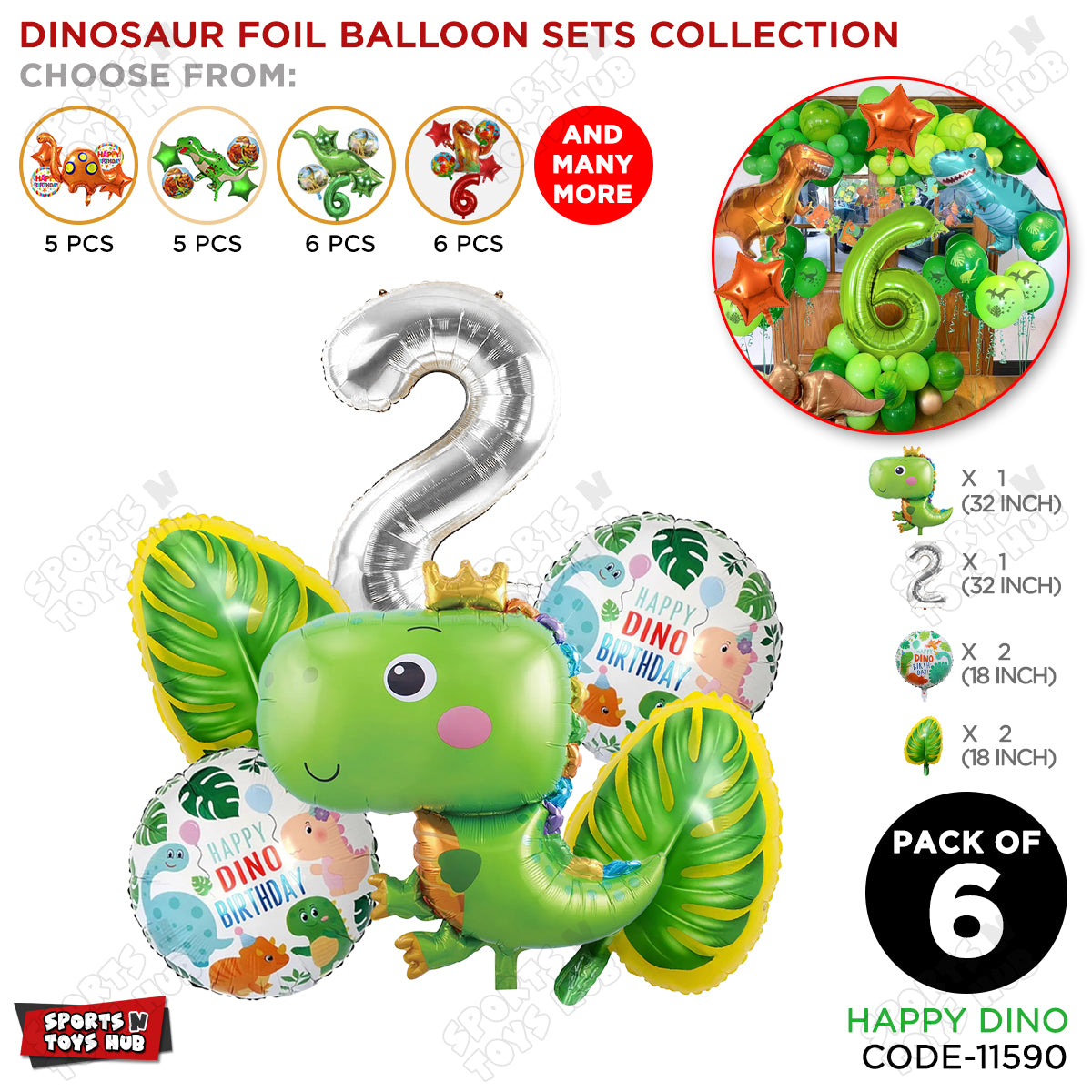 Happy Dino Foil Balloon Pack Of 6 Set With 32 Inch Foil Number Balloons
