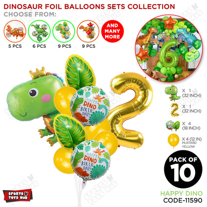 Happy Dino Foil Balloon Pack Of 10 Set With 32 Inch Foil Number Balloons