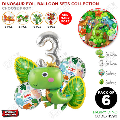 Happy Dino Foil Balloon Pack Of 6 Set With 32 Inch Foil Number Balloons