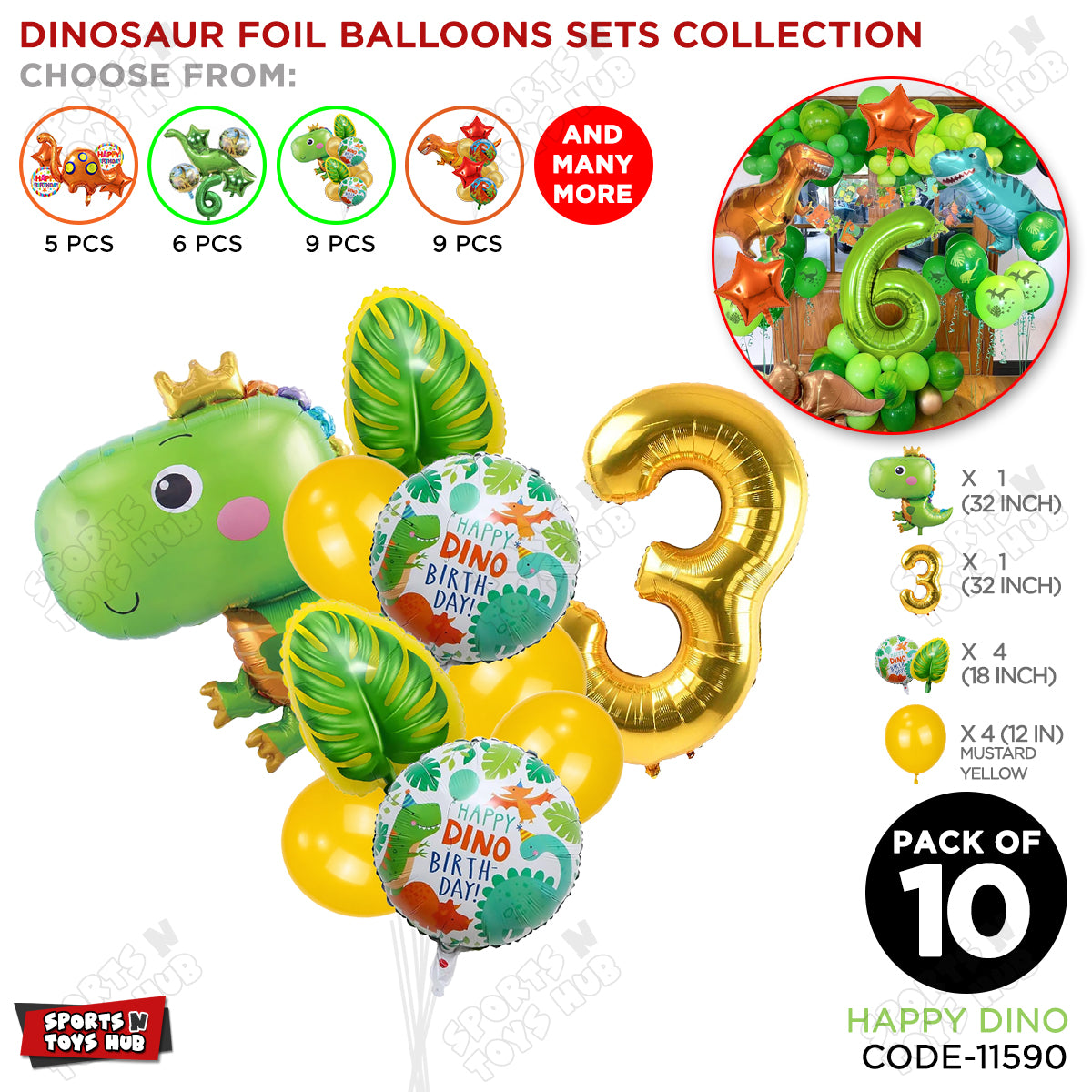 Happy Dino Foil Balloon Pack Of 10 Set With 32 Inch Foil Number Balloons