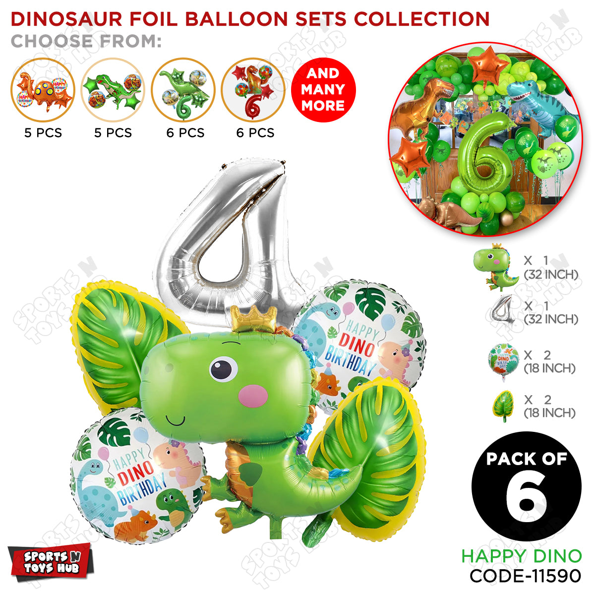 Happy Dino Foil Balloon Pack Of 6 Set With 32 Inch Foil Number Balloons