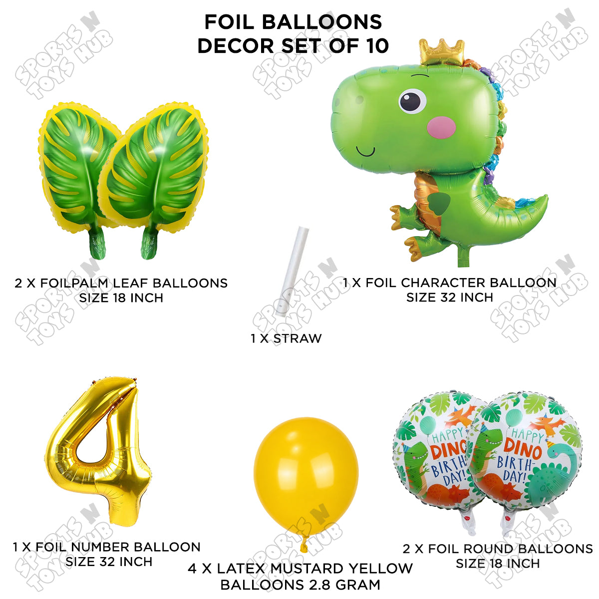 Happy Dino Foil Balloon Pack Of 10 Set With 32 Inch Foil Number Balloons