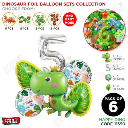 Happy Dino Foil Balloon Pack Of 6 Set With 32 Inch Foil Number Balloons