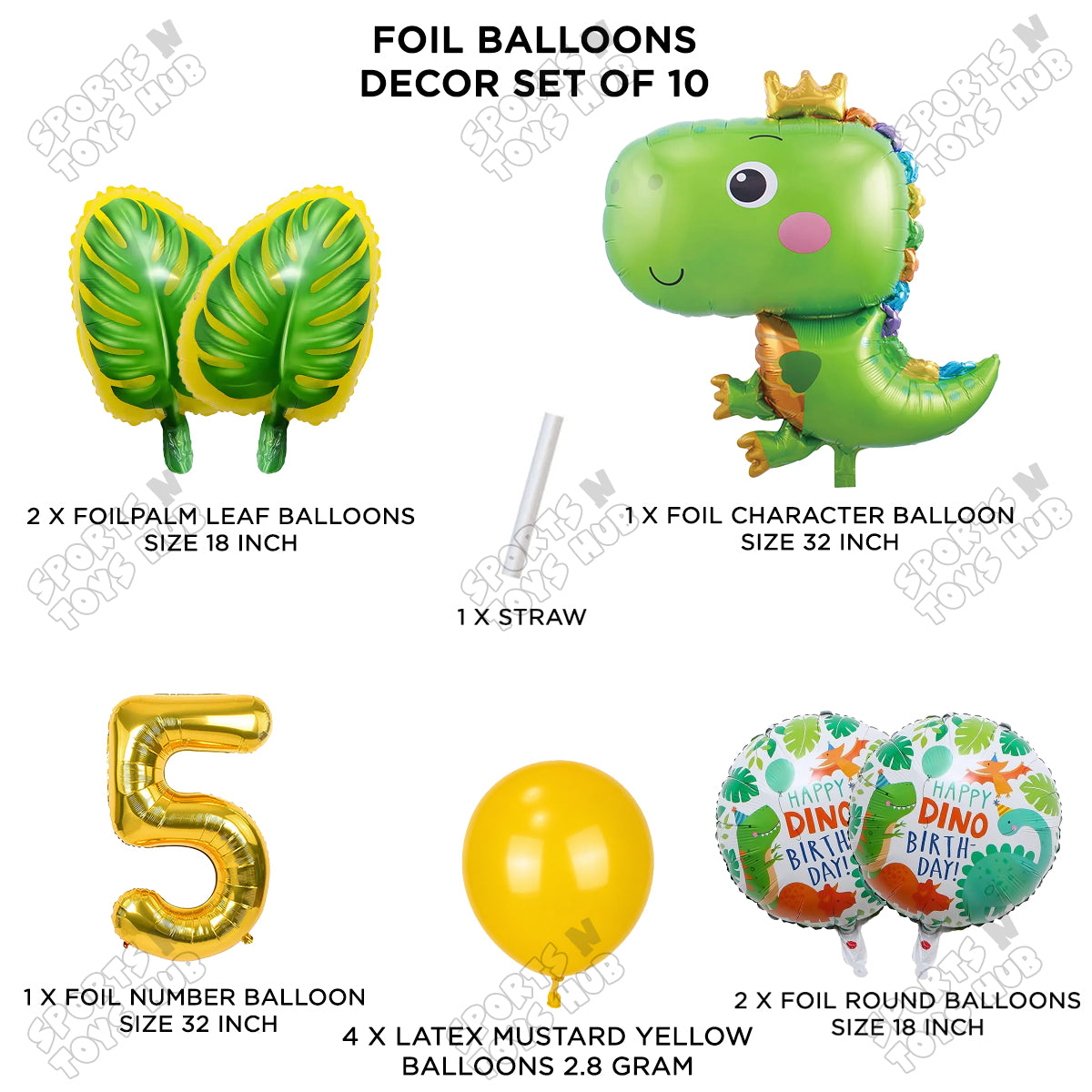 Happy Dino Foil Balloon Pack Of 10 Set With 32 Inch Foil Number Balloons