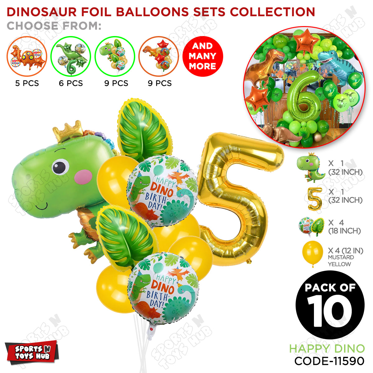Happy Dino Foil Balloon Pack Of 10 Set With 32 Inch Foil Number Balloons