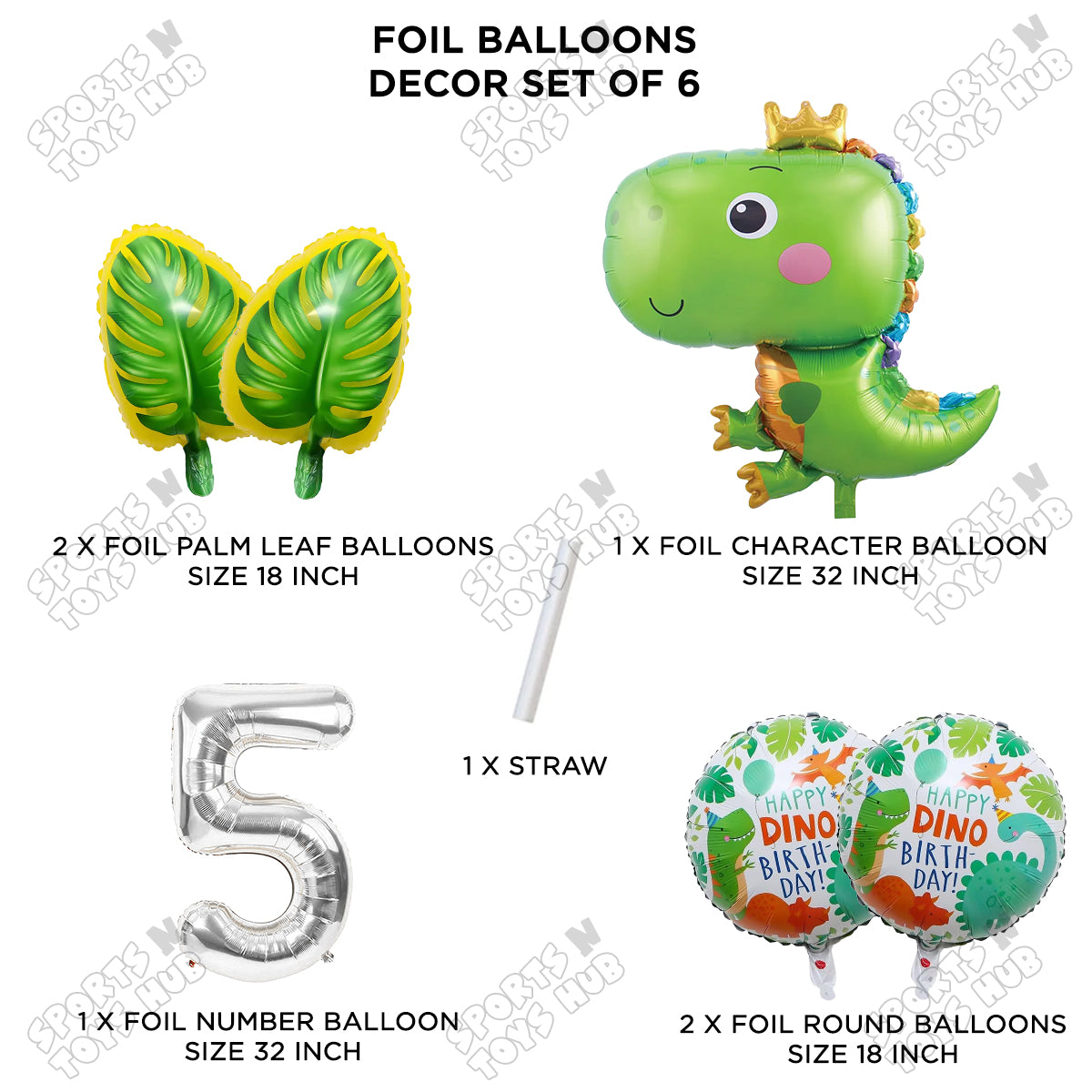 Happy Dino Foil Balloon Pack Of 6 Set With 32 Inch Foil Number Balloons