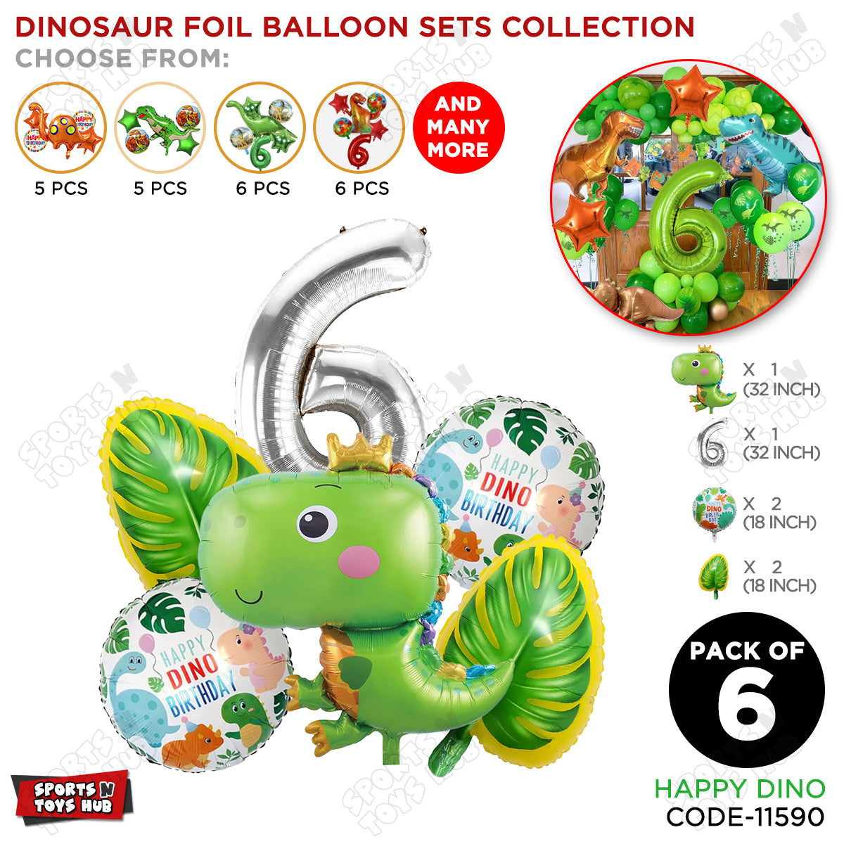 Happy Dino Foil Balloon Pack Of 6 Set With 32 Inch Foil Number Balloons