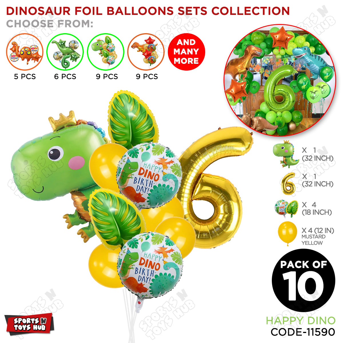 Happy Dino Foil Balloon Pack Of 10 Set With 32 Inch Foil Number Balloons