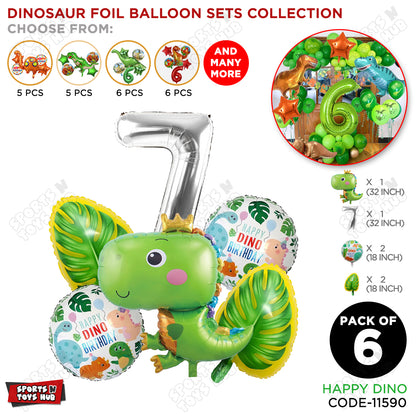 Happy Dino Foil Balloon Pack Of 6 Set With 32 Inch Foil Number Balloons