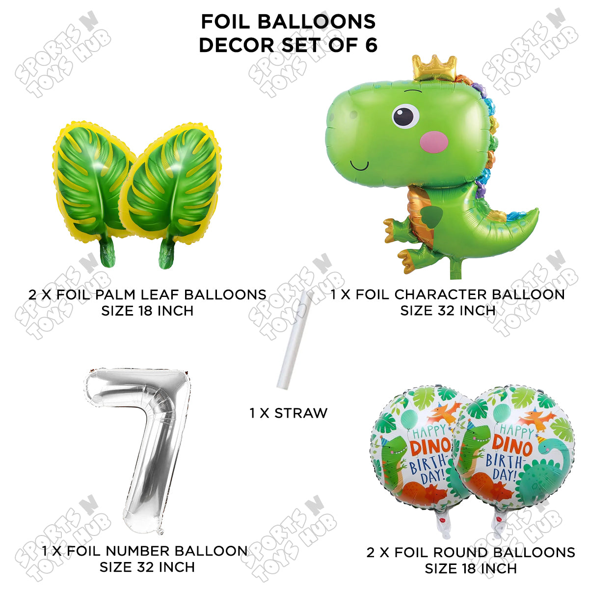 Happy Dino Foil Balloon Pack Of 6 Set With 32 Inch Foil Number Balloons