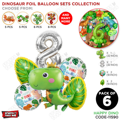 Happy Dino Foil Balloon Pack Of 6 Set With 32 Inch Foil Number Balloons