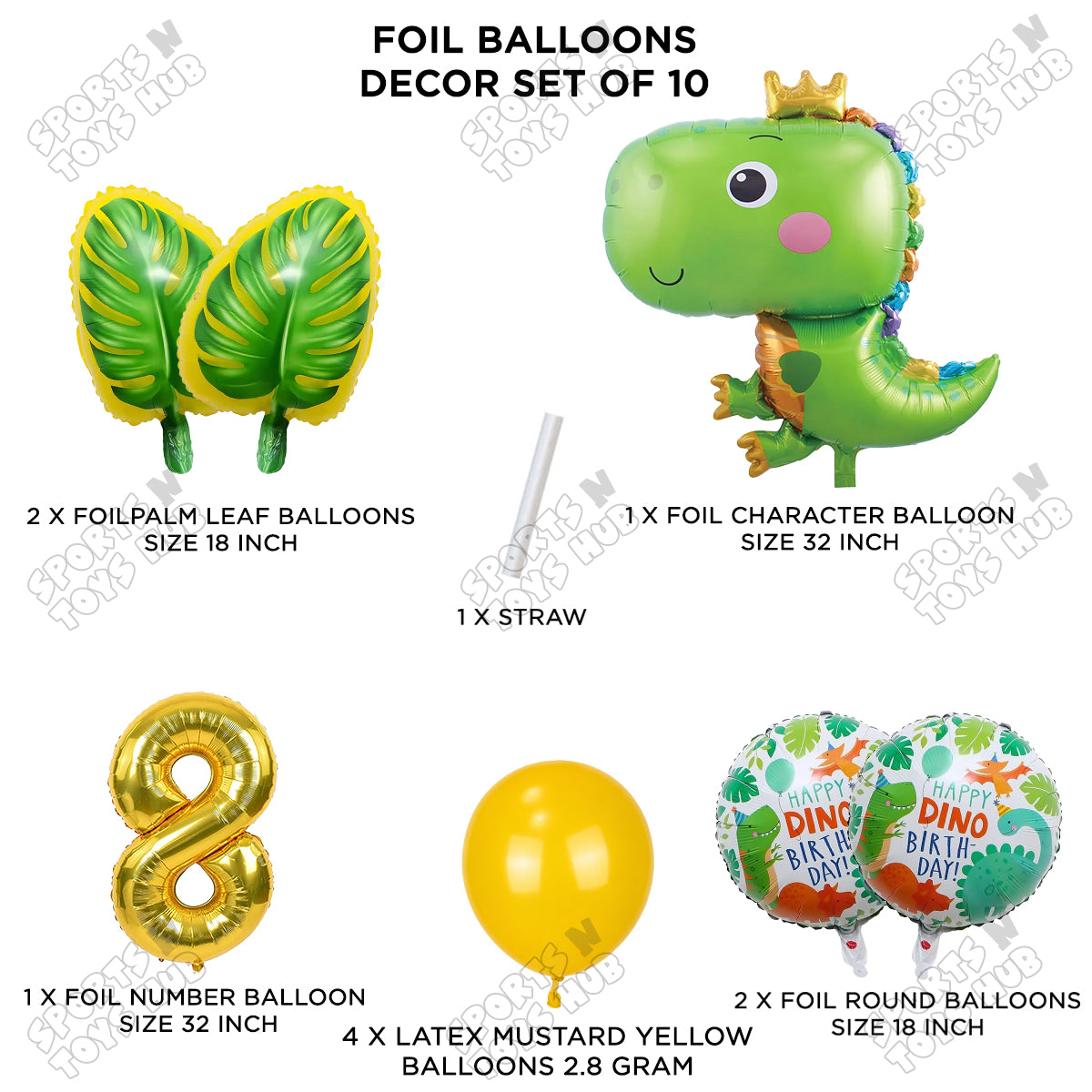 Happy Dino Foil Balloon Pack Of 10 Set With 32 Inch Foil Number Balloons