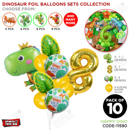 Happy Dino Foil Balloon Pack Of 10 Set With 32 Inch Foil Number Balloons