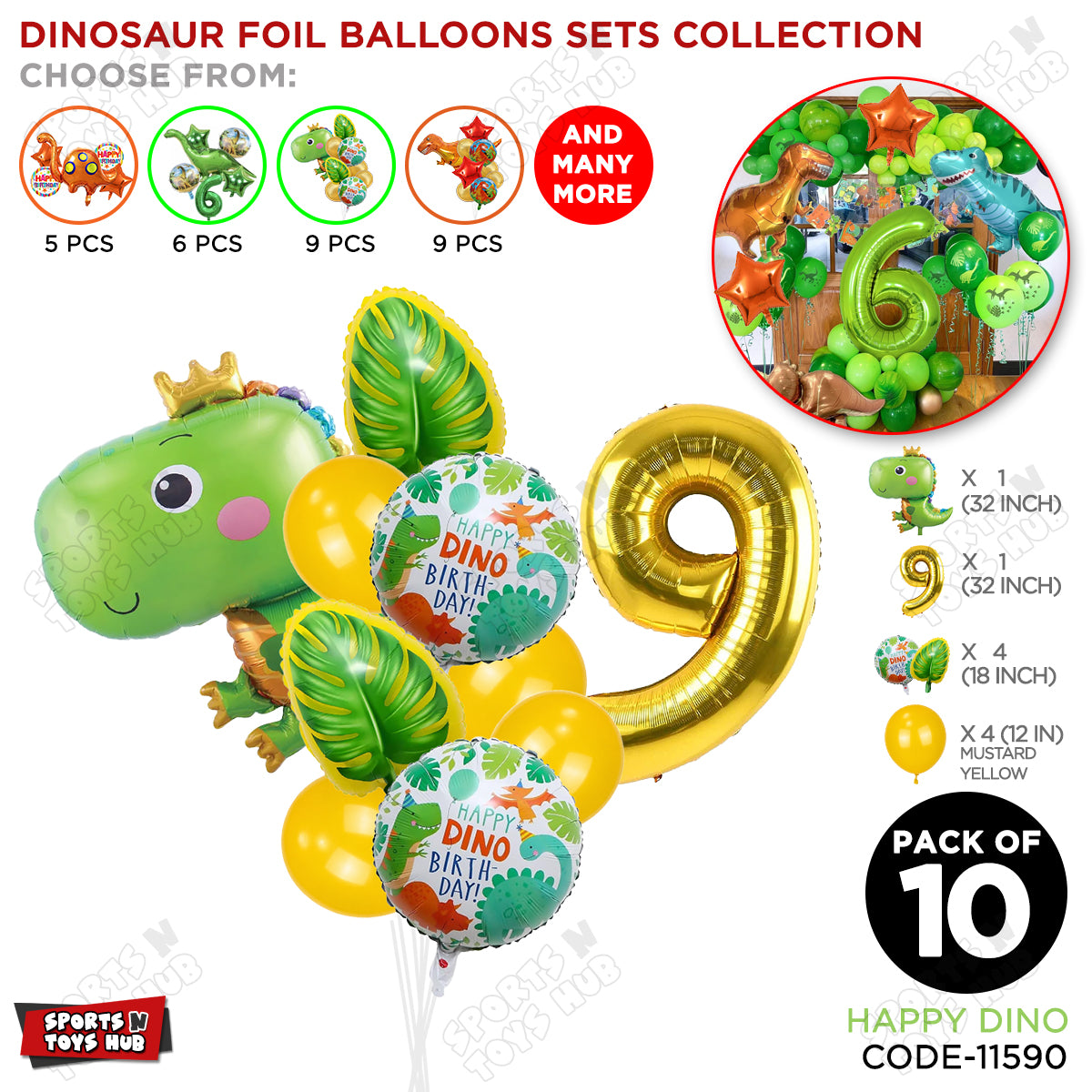 Happy Dino Foil Balloon Pack Of 10 Set With 32 Inch Foil Number Balloons