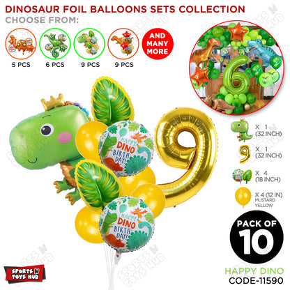 Happy Dino Foil Balloon Pack Of 10 Set With 32 Inch Foil Number Balloons