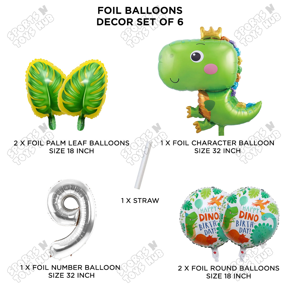 Happy Dino Foil Balloon Pack Of 6 Set With 32 Inch Foil Number Balloons