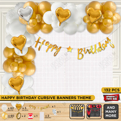 Happy Birthday Cursive Banner Theme - White & Gold