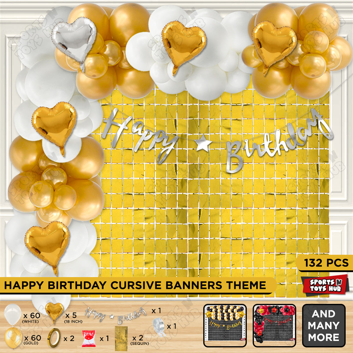 Happy Birthday Cursive Banner Theme - White & Gold