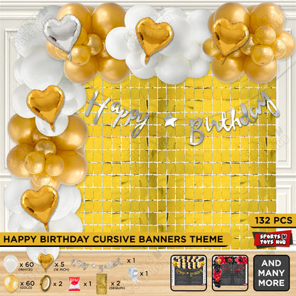 Happy Birthday Cursive Banner Theme - White & Gold