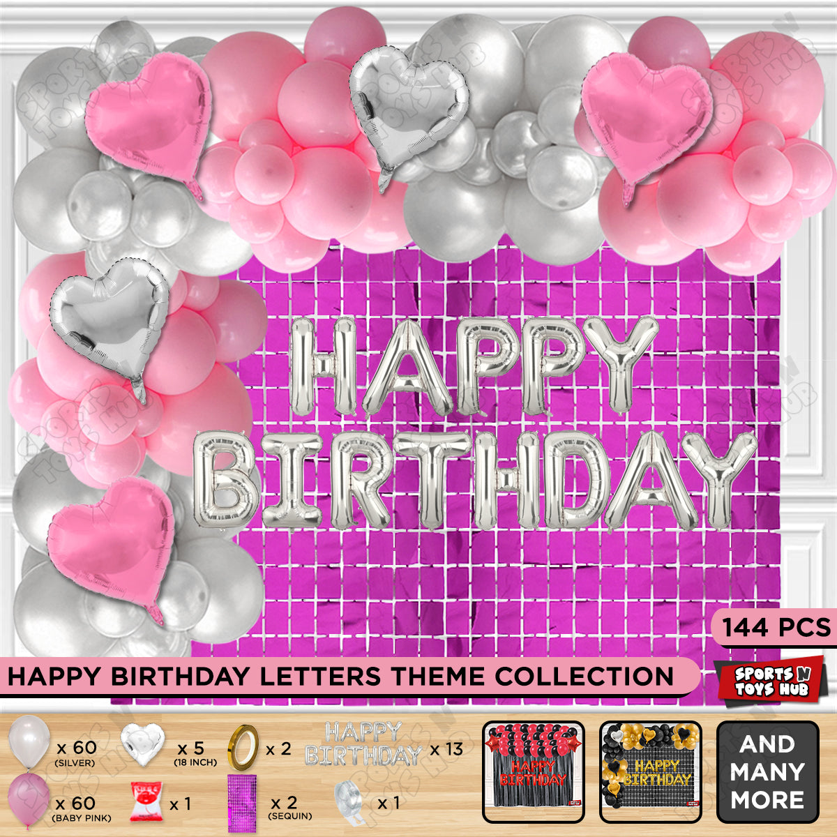 Happy Birthday Foil Letter Theme - Silver & Baby Pink