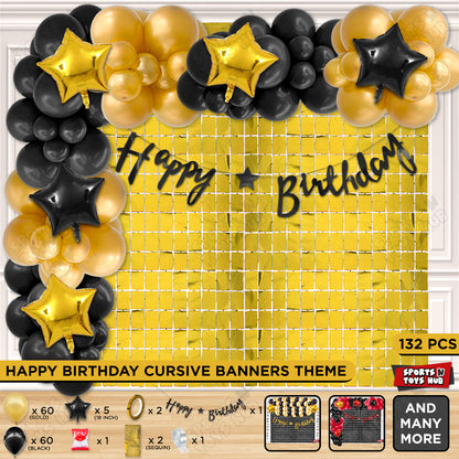 Happy Birthday Cursive Banner Theme - Gold & Black