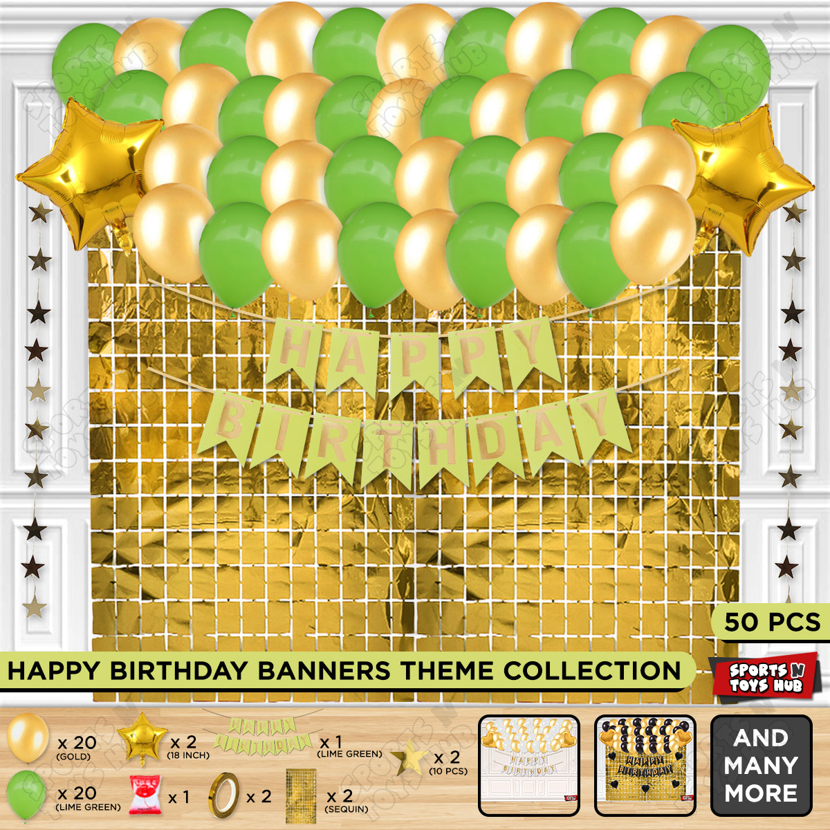 Happy Birthday Card Banner Theme -  Lime Green & Gold