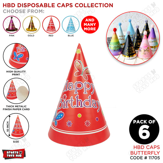 6 Pcs Happy Birthday Butterfly Printed Caps